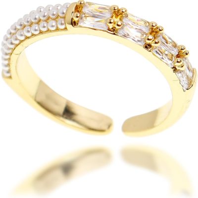 Gold Pearl Adjustable Eternity Ring for Women Trendy Cute Rhinestone Diamond Cubic Zirconia Open Stacking Ring Prom Bridal Wedding Finger Statement Jewelry Gift