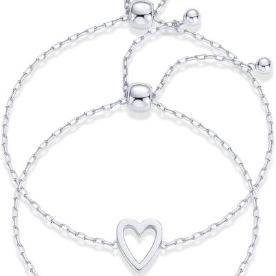 14K Gold Plated Matching Heart Charms Solitaire Bracelet Set for Women | Adjustable Valentines Day Love Friendship Two Bracelet Pack