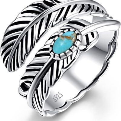 Sterling Silver Feather Ring with Black Onyx & Turquoise - Adjustable Stacking Vintage Statement Ring for Women & Men