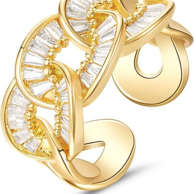 Gold Rings for Women, 14K Gold Plated Adjustable Statement Irregular Geometric Diamond Twisted Open Stackable Band Chunky Finger Rings Dainty Cubic Zirconia Jewelry Gifts