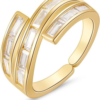 Gold Rings for Women, 14K Gold Plated Adjustable Statement Irregular Geometric Diamond Twisted Open Stackable Band Chunky Finger Rings Dainty Cubic Zirconia Jewelry Gifts