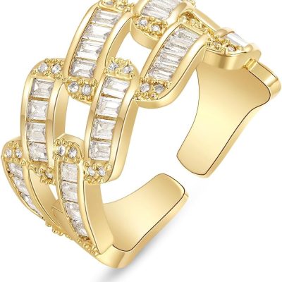 Gold Rings for Women, 14K Gold Plated Adjustable Statement Irregular Geometric Diamond Twisted Open Stackable Band Chunky Finger Rings Dainty Cubic Zirconia Jewelry Gifts