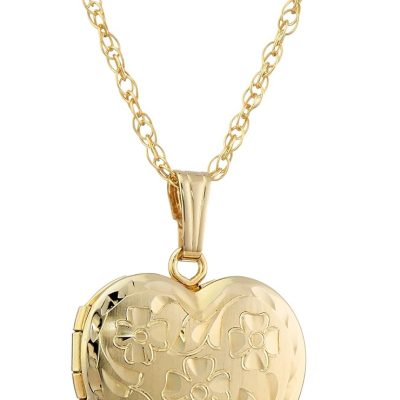 14k Engraved Flowers Heart Locket Necklace, 18"