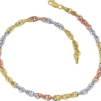 10k Tricolor Gold Double Cable Link Anklet (3.85 mm, 10 inch)